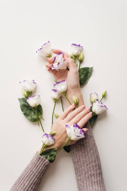 Beyaz masada narin eller ve bahar çiçekleri var. Cilt bakımı kavramı. El derisi bakımı için doğal kozmetik ürünleri, ellerdeki kırışıklıkları azaltmak için bir araç, nemlendirici. Doğal akış