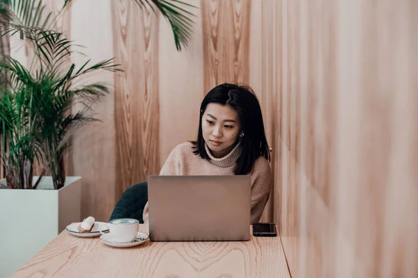 Menina adulta bonito joga em um laptop em uma cafeteria. Mulher asiática trabalhando em um café em um laptop. Conceito freelance — Fotografia de Stock