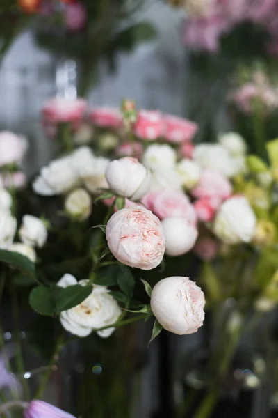 Mostra com vasos com diferentes rosas coloridas, tulipas, peônias na loja de flores. Belos buquês de primavera. Pequenos negócios familiares. Florista de trabalho — Fotografia de Stock