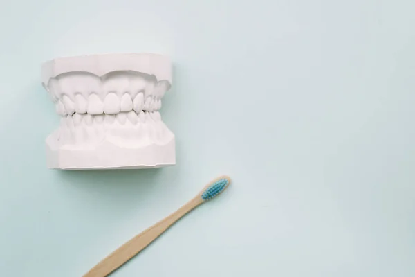 Понятие Правильно Чистить Зубы Бамбуковая Зубная Щетка Лежит Синем Фоне — стоковое фото