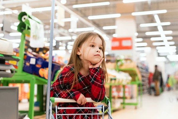 Criança Adorável Com Carrinho Escolhendo Legumes Frescos Loja Local Venda — Fotografia de Stock