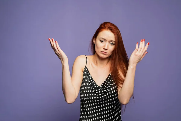 Portrait Beautiful Caucasian Young Woman Trendy Hair Confused Emotion Spreading — Stock Photo, Image