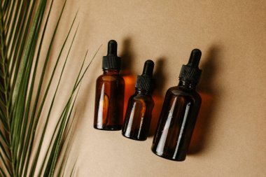 İçinde pipetler ve nemlendirici serumlar olan cam kavanozlar kahverengi arka planda bir palmiye yaprağı ile. Kozmetikte tropikal özü kavramı.