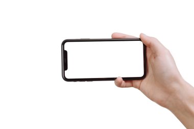 Samara Rusya - 04.05.2020: Boş ve Beyaz Ekranlı El Tutma Mobil iPhone 11. Genç bir adam akıllı telefonuyla cep telefonu oyunu oynuyor.
