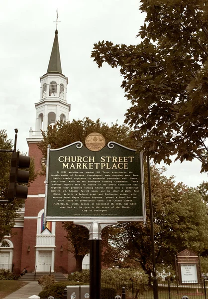 Burlington Vermont September 29Th 2019 Historical Marker Entrance Church Street — Stock Photo, Image