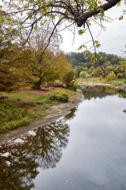Ottauquechee Nehri 'ne bakan Orta Kapalı Köprü' den New England 'ın Woodstock, Vermont kasabasında soğuk bir sonbahar günü manzarası.
