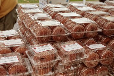 Boston, Massachusetts - 3 Ekim 2019 Copley Meydanı 'ndaki bir çiftçi pazarında mevsimlik elma şırası satışı.  