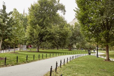 Boston, Massachusetts - 3 Ekim 2019: Back Bay mahallesinde bir sonbahar günü Boston Halk Bahçesi 'ni çevreleyen yeşillik