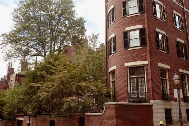 Boston, Massachusetts 'in tarihi Beacon Hill mahallesinde, güz gününde güzel tuğlalı evler..