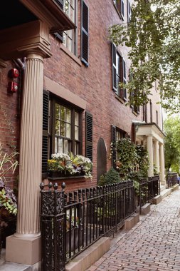 Boston, Massachusetts 'in tarihi Beacon Hill mahallesinde, güz gününde güzel tuğlalı evler..