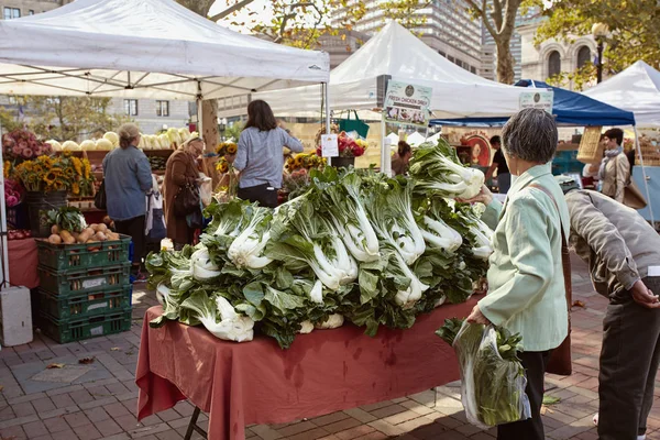 Boston Massachusetts Oktober 2019 Shopper Onderzoekt Bok Choy Een Boerenmarkt — Stockfoto