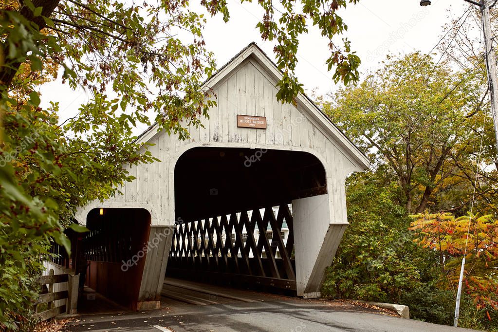 Middle Covered Bridge on a cold Fall day in the New England town of Woodstock, Vermont.