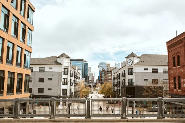 Denver Colorado May 1St 2020 Overlooking Businesses Highland Bridge Pedestrian — Stock Photo, Image