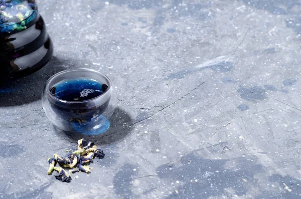 Glass cup with blue tea on a gray-blue concrete background. Dried flowers of Clitoria tea. Warm, cozy atmosphere.