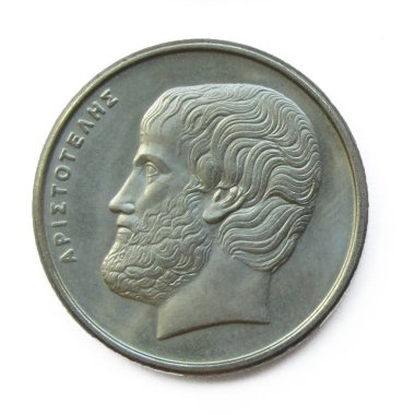 Aristoteles portresi, Antik Yunan 'da Klasik Çağ döneminde Yunan parasıyla ünlü antik Yunan filozofu 5 Drahmas bakır-nikel sikke 1988 yılı.