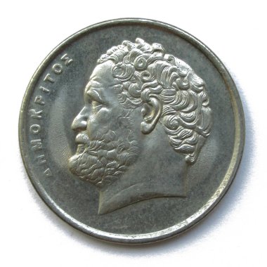 Democritus portresi, ünlü Antik Yunan filozofu, eski bir atom teorisi olan evren. Yunanistan parası 10 Drahmas bakır-nikel madeni para 2000 yıl, Yunanistan.