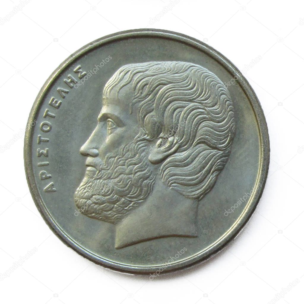Aristotle portrait, famous ancient Greek philosopher during the Classical period in Ancient Greece on Greek money 5 Drahmas copper-nickel coin 1988 year.