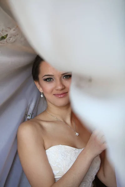 Retrato de novia hermosa. Vestido de novia. Decoración de boda —  Fotos de Stock