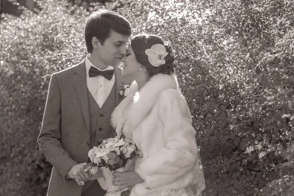 Just married couple holding each other hands near a beatiful bushes — ストック写真