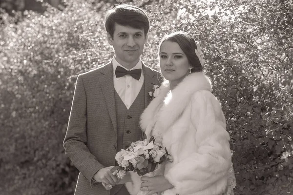 Just married couple holding each other hands near a beatiful bushes — Stock Photo, Image