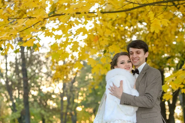 Sposa e sposo nel parco autunnale Love Life — Foto Stock