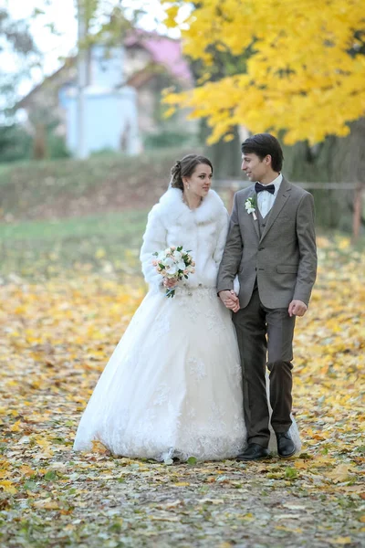 Bride and groom in autumn park Love Life — Stock Photo, Image