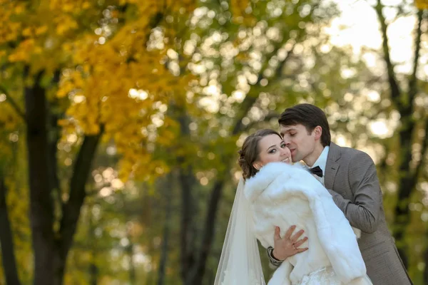 Gli sposi si baciano nel parco autunnale . — Foto Stock