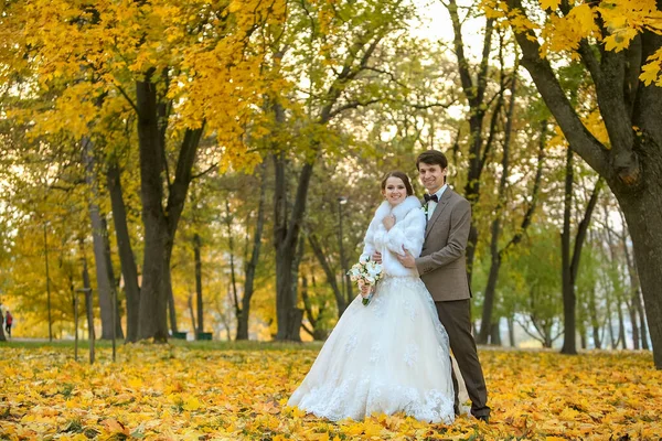 Bruid en bruidegom in herfstpark Love Life — Stockfoto