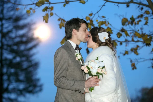 Zitting van de mysterieuze en romantische, de bruid en bruidegom onder de maan. Hugs samen. Man en vrouw, trouwjurk. — Stockfoto