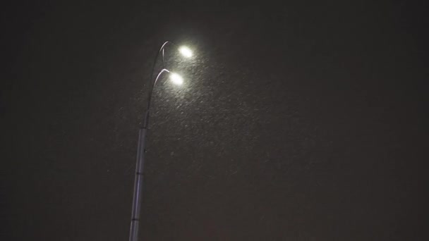 Уличный свет светится в темную зимнюю ночь. Городской фонарь в снегу в рождественскую ночь. Уличный фонарь в падающем снегу в зимнем городе — стоковое видео