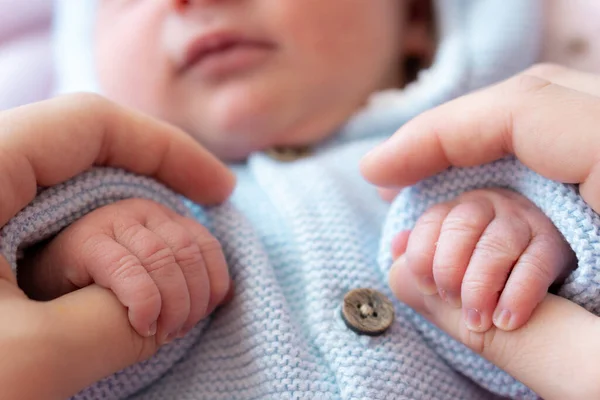 Yeni doğmuş bir bebeğin ve annesinin elleri bir arada. Yakın plan anne yeni doğmuş bir bebeğin elini tutuyor. Yeni doğmuş bebek, annesinin başparmaklarını elleriyle tutuyor.. — Stok fotoğraf