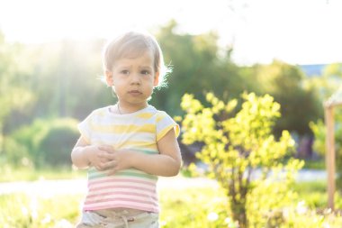 Çocukluk, doğa, yaz, parklar ve açık hava konsepti çizgili, çok renkli tişörtlü, gün batımında gün batımında ciddi, hüzünlü bakışlı şirin sarı saçlı küçük çocuğun portresi. Boşluğu kopyala.