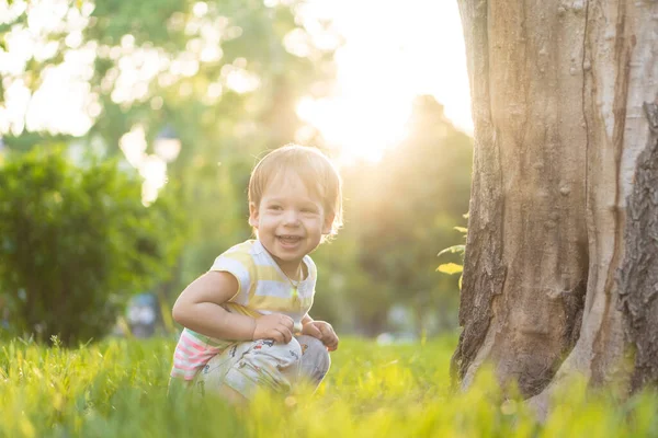 Jeugd, natuur, zomer, parken en buitenleven concept - portret van schattige blonde-harige kleine jongen in gestreepte multi-gekleurde T-shirt in de buurt van de kofferbak van een oude boom in de achtergrond van zonsondergang in het park. Kopieerruimte. — Stockfoto