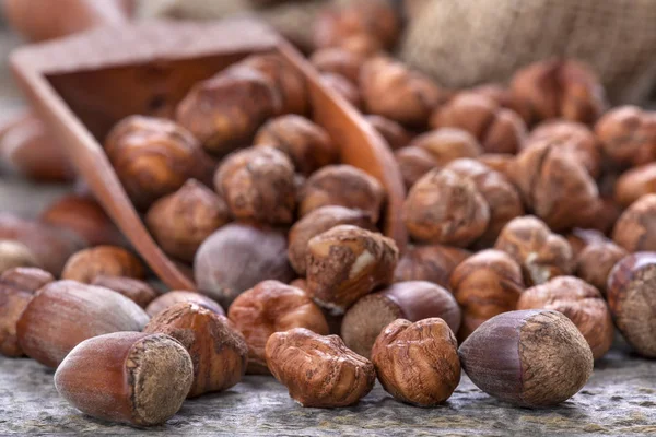 Hazelnuts and a spoon — Stock Photo, Image