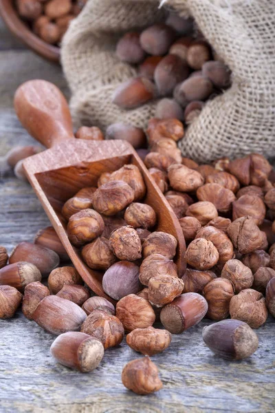 Hazelnuts Spoon Linen Sack Old Wooden Table — Stock Photo, Image