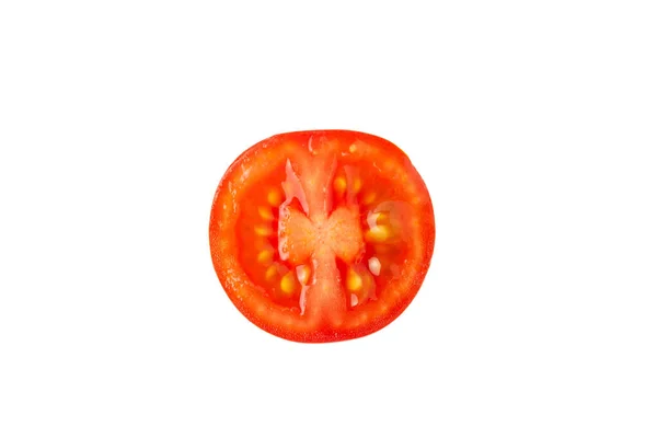 Tomate cerise rouge fraîche sans feuilles en incision, demi-fœtus isolé sur fond blanc. Macro, position plate. Horizontal, gros plan. Alimentation saine, produits fermiers, aliments crus, concept de régime céto — Photo