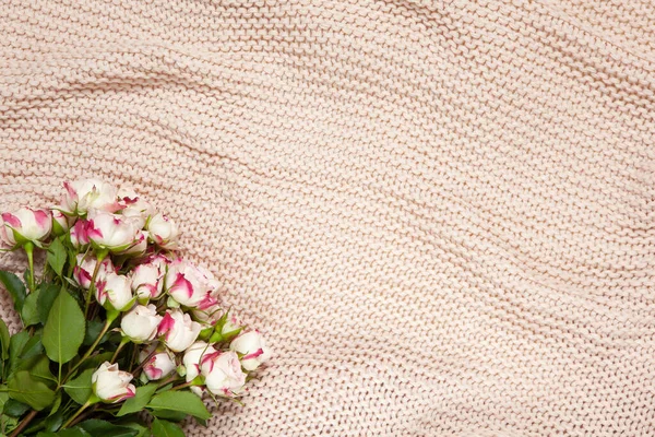 Tozlu pembe battaniyede bir buket küçük gül. Düz yatıyordu. Üst Manzara. Yatay, kopyalama uzayı. 8 Mart, 14 Şubat, Sevgililer Günü, Anneler Günü, Kadınlar Günü Kutlama Konsepti.