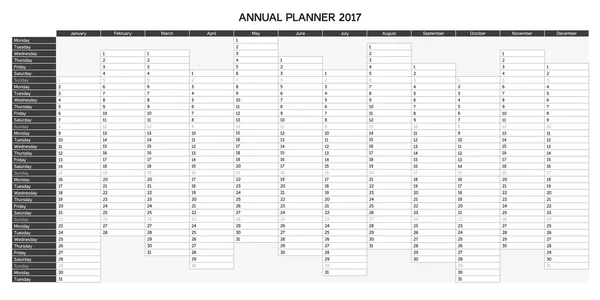 Grijswaarden Engelse jaarlijkse planner voor 2017 — Stockvector