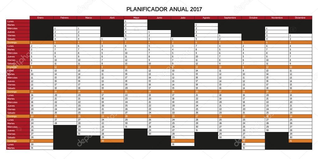 Year planning calendar for 2017 in Spanish - Planificador anual 