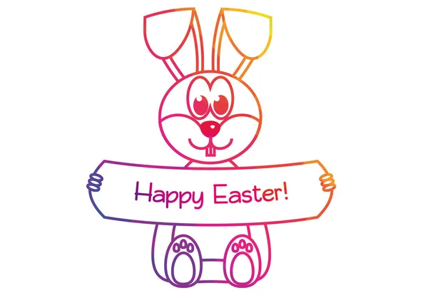 Easter bunny with Happy Easter sign, colorful outline on white b — Stock Vector