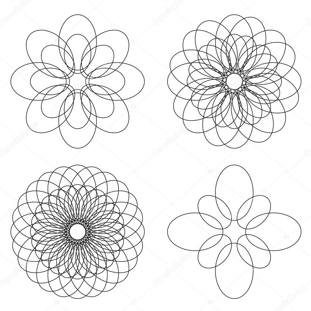 Set of 4 isolated spirograph flower ornaments