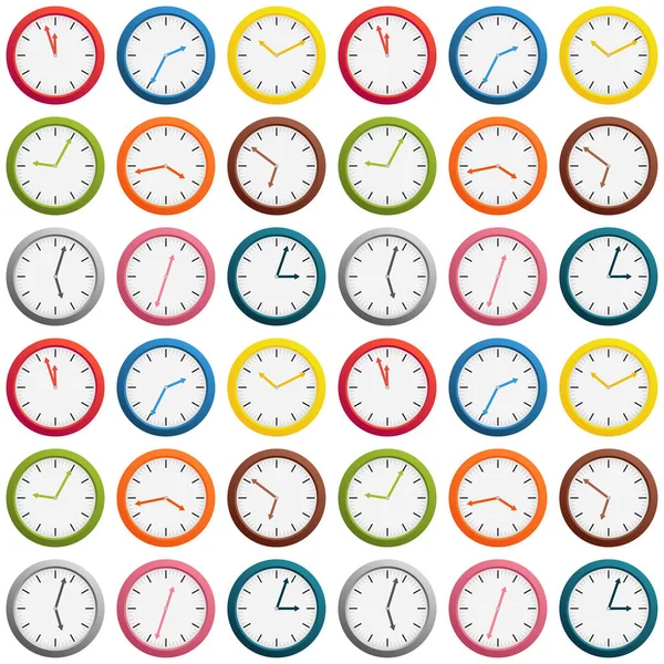Patrón inconsútil hecho de reloj de colores que muestra diferente hora , — Archivo Imágenes Vectoriales