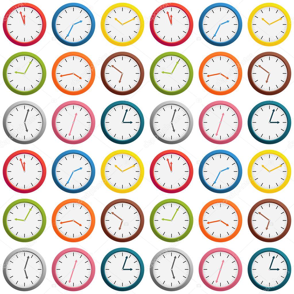 Seamless pattern made of colorful clock showing different time, 