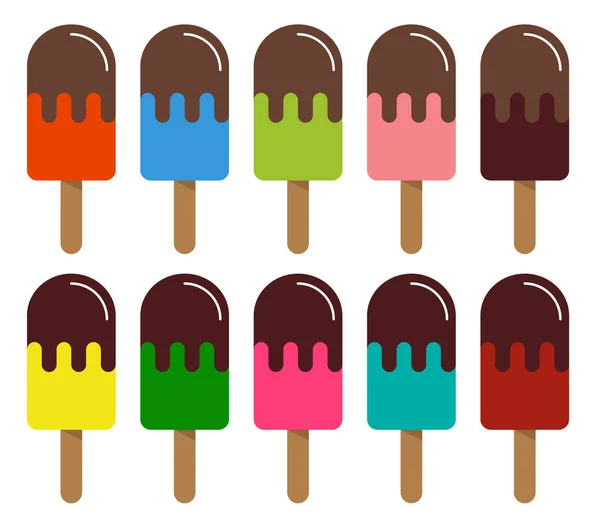 Collection of 10 different ice lolly flavors dipped in chocolate — Stock Vector