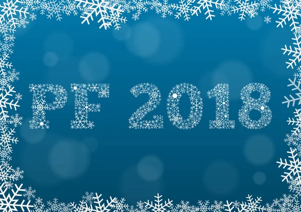 PF 2018 - white text made of snowflakes on background with bokeh — Stock Vector