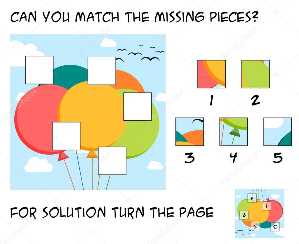 Funny puzzle game for children - mach the missing pieces into th