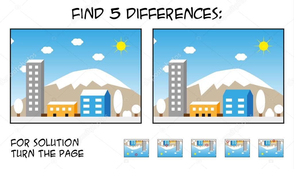Child game - find 5 differences in pictures with city landscape 