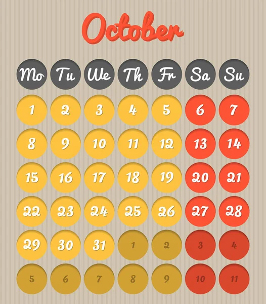 Maand planning kalender - oktober 2018 — Stockvector