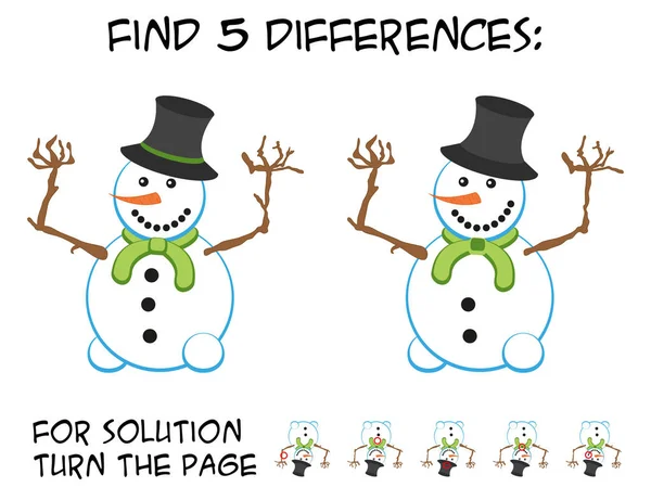 Dětské hry - najít 5 rozdílů v obrázcích s roztomilý usměvavý sněhulák — Stockový vektor