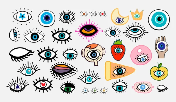 Los ojos grandes establecen diferentes formas ilustraciones vectoriales dibujadas a mano en estilo cómico de dibujos animados — Vector de stock